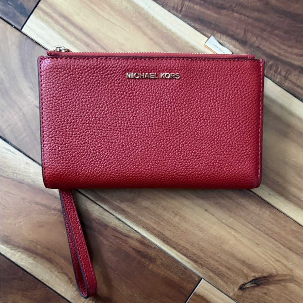 Michael Kors Red Pebbled Leather Wristlet Clutch with Wrist Strap
